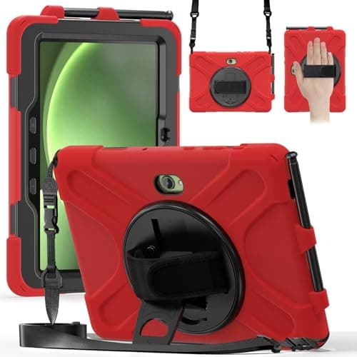 Image of FONREST Crossbody Rugged Case for Samsung Galaxy Tab Active 5 Pro(SM-T350/T356B)/4 Pro 10.1 Inch with S Pen Holder Swivel Kickstand Hand Grip Shoulder Strap, Heavy Duty Shock-proof Armor Cover (Red)