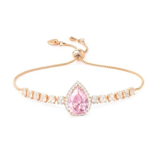 Image of Linawe Pink Crystal Imitation Diamond Bracelet, Rose Gold Chain Charm Bracelets for Women, Rhinestone Birthstone Moissanite Cubic Zirconia Bracelet, Prom Wedding Preppy Cute Jewellery