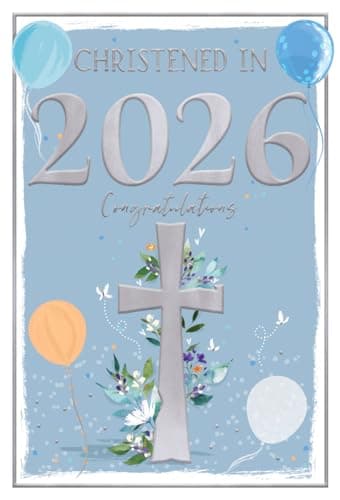 Image of IC&G Christening Card for Baby Boy - Christened in 2026 - Balloons, Flowers & Cross Design - Premium Embossed Foil Finish - Congratulations on Your Christening Greeting Card with Envelope