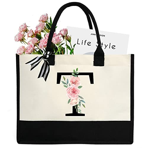 Image of sundee Personalized Initial Canvas Beach Bag, Canvas Tote Bag with Inner Zipper Pocket, Monogrammed Gifts Tote Bag for Wedding, Birthday, Holiday - Letter T