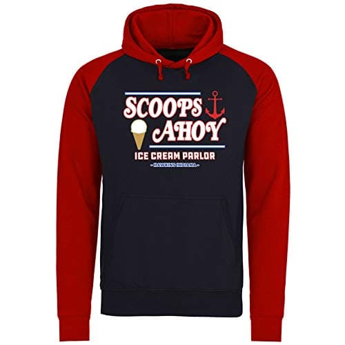 Image of Flip Scoops Ahoy Ice Cream Parlour Hawkins Pullover Baseball Hoodie Black With Red (M)