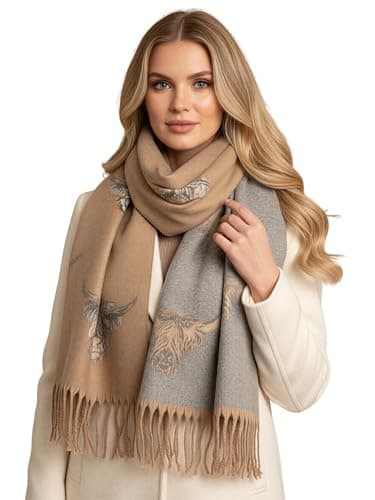Image of The Accessory Co. Highland Cow Gifts - Womens Blanket Scarf, Highland Cow Scarf - Cashmere Ladies Scarves, Long Large Oversized Shawl Wrap, Gift for Her, Christmas Winter Scarf (Camel Beige/Grey)