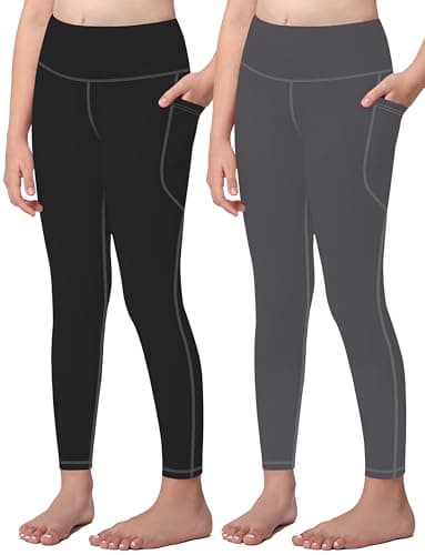 Image of MIRITY Girls Leggings for Kids Active Sports Pants with 2 Pockets Yoga Workout 2 Pack Black/Grey