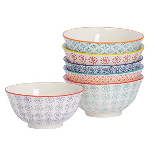 Image of Nicola Spring Patterned Cereal Bowls - 6 Colours - 16cm - Pack of 6 - Hand Printed Japanese Style Porcelain Serving Bowls for Dessert, Pasta, Cereal, Salad, Noodles, Soup