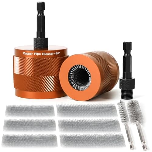 Image of 1/2" & 3/4" Copper Pipe Cleaner Set for Drill, with 1/4" Hex Shank & 6 Brush Blades & 2 Pipe Cleaning Brush, Plumbing Tools for Removing Rust, Stains & Paint from Copper & Metal Pipes, Orange