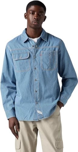 Image of Levi's Men's Shirt Auburn Worker with Pointed Collar, Relaxed Fit, Blue (Kapri Indigo Stripe), S