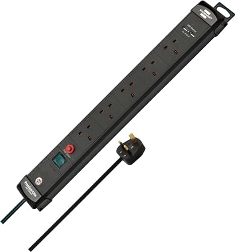 Image of Brennenstuhl Premium-Line FB, 5-way extension lead with 2 USB charging ports (switch and 3m cable, with Safety Fuse Button, Made in Germany) black