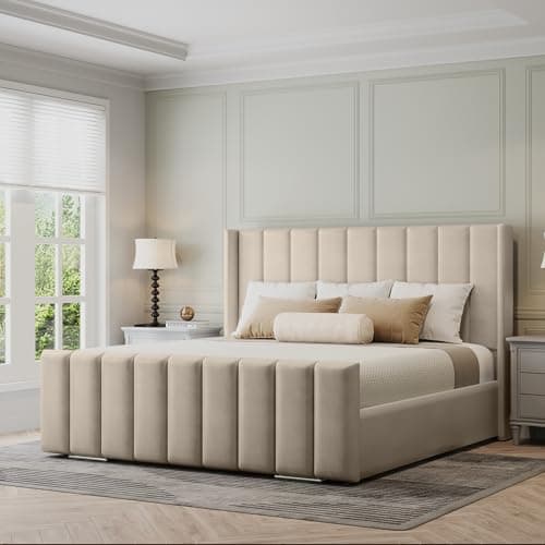 Image of Furnishion Vienna Wingback Super King Bed Frame, 6ft Super King Size Bed, Luxury Plush Velvet Upholstered Panelled Design, Strong Wooden Beds Frame 6ft Size with High Headboard in Cream Plush