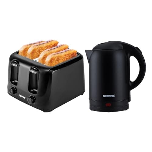 Image of GEEPAS 1.8L Electric Kettle & 4 Slice Toaster Kitchen Combo Set | 1800W Cordless Stainless Steel Jug Kettle Boil Dry Auto Shut Off with Auto Lid Open | Matte Black | 1400W 6 Browning Levels Crumb Tray