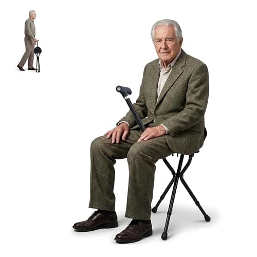 Image of Walking Stick with Seat, Adjustable Folding Walking Cane with LED Light, Non-slip Rubber Base, Lightweight Portable Shooting Stick with Seat for Travel, Hiking & Seniors (Black)