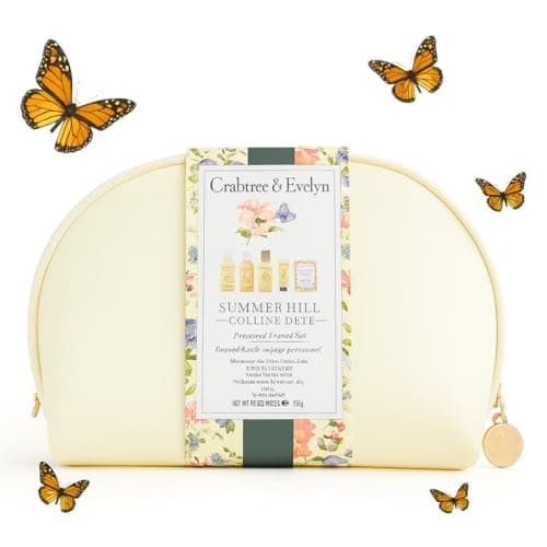 Image of Crabtree & Evelyn Summer Hill Personal Travel Set w/ Cosmetic Bag (6 Pieces)' 90ml Shower Gel, Body Lotion, 25g Hand Cream, 10ml Body Mist, 100g Soap with Yellow Travel Bag