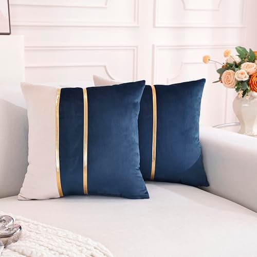 Image of TAOSON Velvet Throw Pillow Covers,Pack of 2 Soft Decorative Cushion Covers Cases Navy Blue Beige Patchwork with Gold Leather for Sofa Bedroom Livingroom Car, 18 x 18 Inch