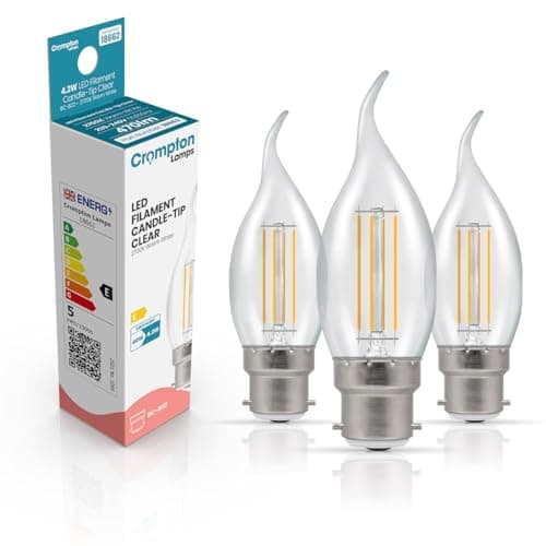 Image of Crompton Lamps Bent-Tip Candle LED Light Bulb BC-B22d | 4.2W = 40W Equivalent | Warm White 2700K | Flame Tip | Bayonet Lightbulb | Long Life 15,000-Hrs | Clear Glass | 3-Pack