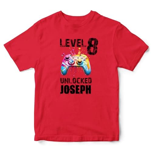 Image of Personalised Paint Splatter Gaming T Shirt Kids Custom Level Unlocked Tee Boys Girls Gamepad Top, 3-4 Years, Red
