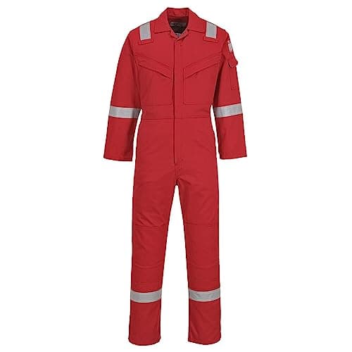 Image of Portwest FR50 Men's Bizflame Work FR Coverall Flame Resistant Hi Vis Anti-Static Arc Proof Safety Overalls Reflective Knee Pad Pockets CE Certified Offshore Workwear, Red, XXL