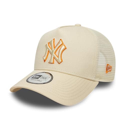 Image of New Era Adult's 9Forty Trucker Outline MLB New York Yankees Trucker Baseball Cap Hat Light Beige