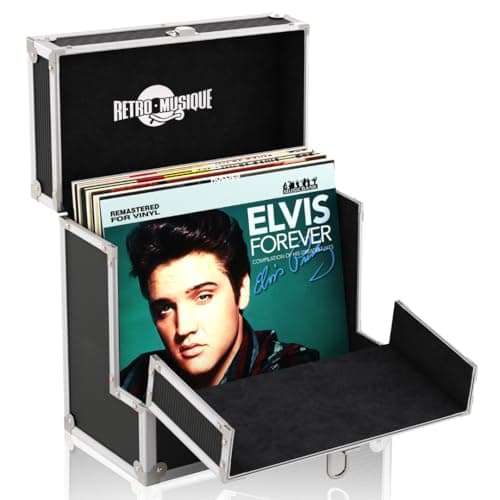 Image of Retro musique 12 Inch Vinyl Record Storage with 40 12" Outer Sleeves | Vinyl Storage Box with Unique Front Flap Opening | LP Storage Boxes Holds up to 40 LP's | Record Box Perfect for Your Vinyls