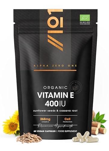 Image of Organic Vitamin E 400IU – Plant Based from Sunflower Seed Oil & Cassava Root – 60 Vegan Capsules – Resealable and Recyclable Pouch by Alpha01