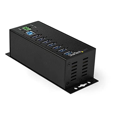 Image of StarTech.com 7 Port USB Hub with Power Adapter - Surge Protection - Metal Industrial USB 3.0 Data Transfer Hub - Din Rail, Wall or Desk Mountable - High Speed USB 3.1 Gen 1 5Gbps Hub (HB30A7AME)