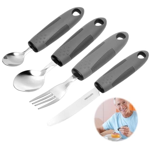 Image of 4-Piece Anti Tremor Utensils Set – Ergonomic Adaptive Cutlery with Thick Handle Spoon Fork Knife for Elderly, Parkinson, Arthritis, Disability – Stainless Steel Silverware, Assisted Living Eating Aid
