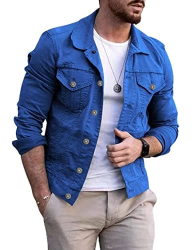 Image of CHARTOU Men's Denim Jacket Casual Regular Fit Button Down Long Sleeve Jean Trucker Jacket, Blue, L