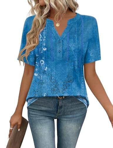 Image of IECCP Ladies Summer Tops Clothing Plus Size Casual Short Sleeve T-Shirts Dressy Tunic V Neck Buttons Floral Printed Blouses Shirts Blue Floral XXL (UK 20-22)