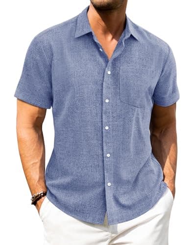 Image of J.VER Mens Linen Short Sleeve Shirts Blue Smart Casual Cotton Summer Beach Holiday Button Down Shirt 2XL