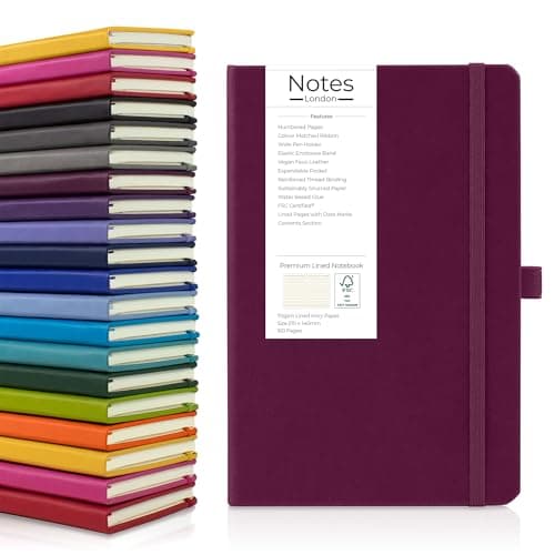 Image of Notes London Eco A5 Notebook with Lined Pages, Contents Page, Pen Loop, Ribbon, Numbered Pages, Date Marks & Paper Pocket, Medium Hardback Journal, sustainably sourced paper (Burgundy)