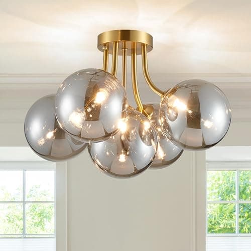 Image of Modern Bubble Ceiling Lighting Fixture, 5-Light Flush Mount Chandelier, Glass Globe Ball and Brass Canopy, W50 xH30 cm, Flush Mount Ceiling Light for Living Room Bedroom Dining Room, G9 Socket