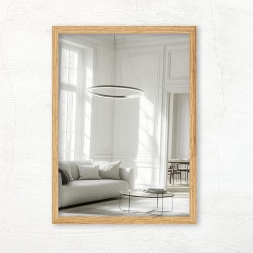 Image of CLAMARO 'Vision' Wall Mirror 75 x 110 cm Custom-Made | Catania Oak | Modern Square Mirror with MDF Wooden Frame, Includes Metal Hanger and Mounting Material (Landscape and Portrait)