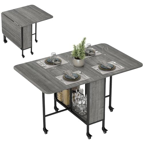 Image of HOMCOM Mobile Drop Leaf Table, Folding Dining Table with 6 Wheels & Storage Shelf for Small Spaces, Kitchen, Dining Room, Grey