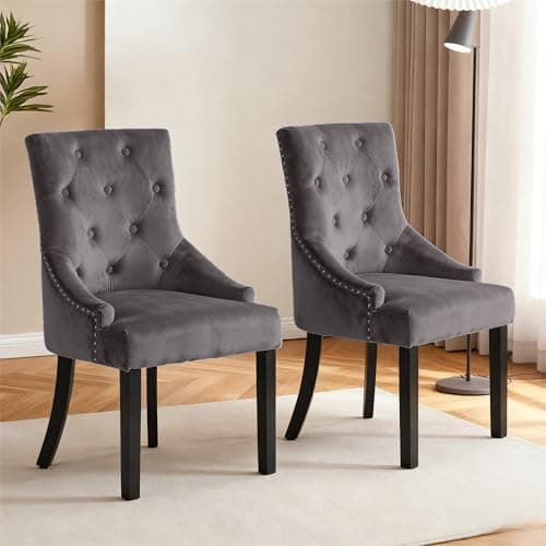 Image of Homullel Velvet Dining Chairs Set of 2, Knocker Back Windsor Chairs for Dining Room, Kitchen (Dark Grey)