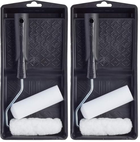 Image of Harris 101092201 Essentials Mini Roller Set for Walls & Ceilings with Tray and Frame, 4” Emulsion & Gloss Roller Sleeves (Pack of 2)