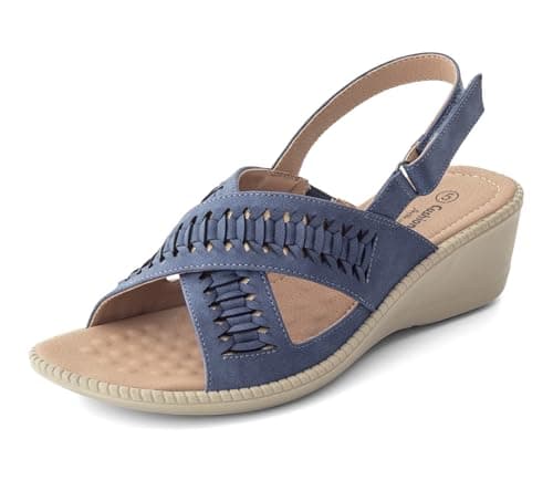 Image of Cushion Walk Women's Extra Wide EEE Fit Slingback Sandals, Crossover Open Toe Low Wedge with Cushioned Insole, Adjustable Touch Fastening Lightweight Summer Shoes (Size 8 UK, Navy Blue)