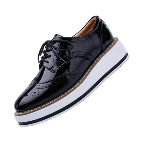 Image of Women's Platform Oxfords Shoes Classic Chunky Leather Wingtips Round Toe Sneakers Lace-Up Wedges Dress Shoes Breathable Comfortable Glossy Sneakers Black