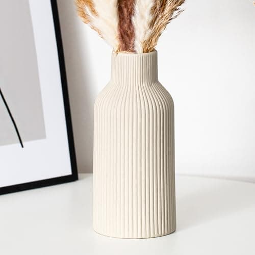 Image of Hanaomaoyi 20cm Ceramic Vase Beige Matte Round Modern Design, Boho Style for Aesthetic Decoration, Keeping Flower for Living Room, Bedroom Decoration, Simple Nordic Style (Beige)
