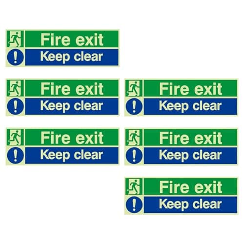 Image of 6 Pcs Fire Exit Keep Clear Sign, Fire Exit Sign Glow in the Dark, 30cm x 10cm Self Adhesive Rigid Plastic, Ideal for Offices Buildings Warehouses and Public Spaces, Easy Installation