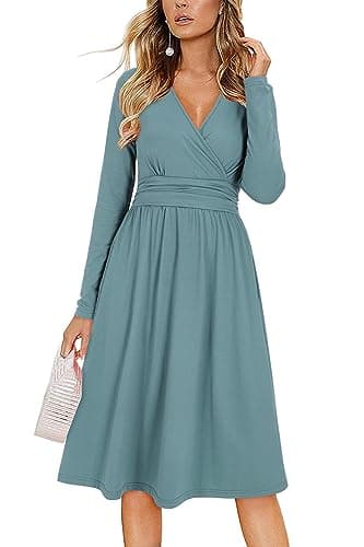 Image of OUGES Women's Fall Long Sleeve V Neck Blue Wedding Guest Dress with Pockets Ladies Midi Dress for Winter(Blue,XL)