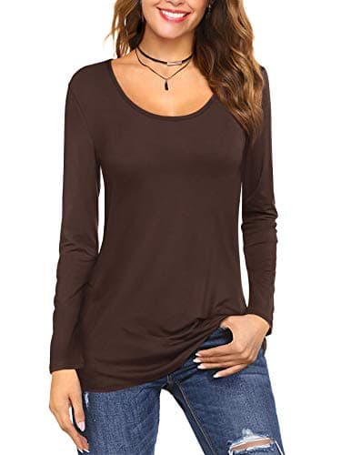 Image of Florboom Women Top Long Sleeve Shirt Casual Scoop Neck Longline Tee Fitted Tops Coffee 22 24