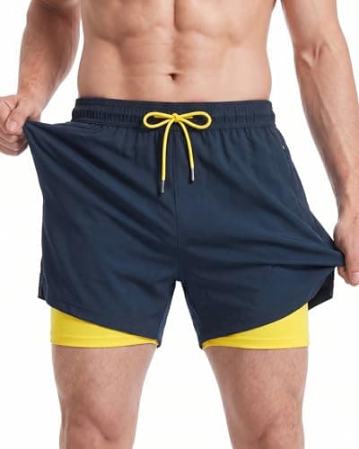 Image of MaaMgic 5" Mens Swim Shorts with Compression Liner 4-Way Stretch Bathing Suit Swimming Shorts with Pockets,Navy Yellow,L