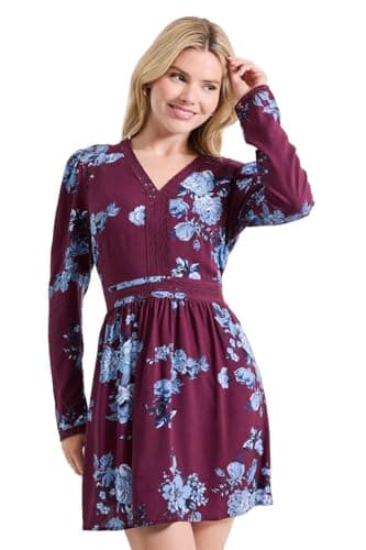 Image of Dorothy Perkins Blue Floral Lace Trim Long Sleeve Printed Mini Dress, 12, Blue