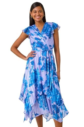 Image of Roman Frill Dress for Women UK Ladies Summer Wrap Chiffon Frill Hem Layered Belted Midi Maxi Tiered Cape Special Occasion Fit & Flare Wedding Guest Swing Skater - Floral Blue - Size 18