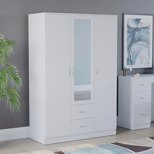 Image of Vida Designs Riano 3 Door Mirrored Wardrobe | White | Bedroom Furniture | 170H x 115.4W x 53D cm | with Shelf & Hanging Rail | Large Capacity Storage