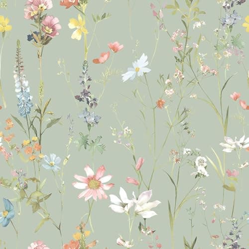 Image of World of Wallpaper Elsie Minimalistic Floral Watercolour Style Spring Flowers Wallpaper for Living Room, Bedrooms, Kitchens in Sage Green AF0044