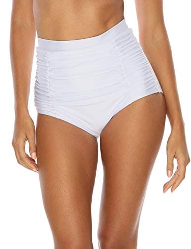 Image of Ocean Blues Women's White High Waisted Bikini Bottoms Tummy Control Swimwear Ruched Beach Briefs Size Large