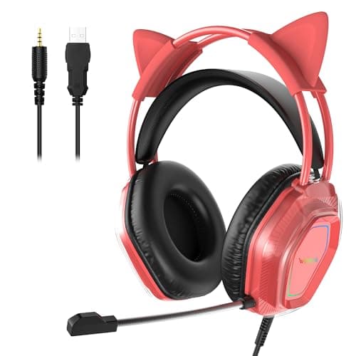 Image of Wantek Cute Cat-Ear Gaming Headset - 50mm Drivers, Noise-Cancelling Mic, 3.5mm Wired, Stylish & Lightweight Design, Red