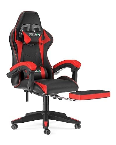 Image of bigzzia Ergonomic Gaming Chair - Gamer Chairs with Lumbar Cushion + Headrest, Height-Adjustable Office & Computer Chair for Adults (with footrest, Red)