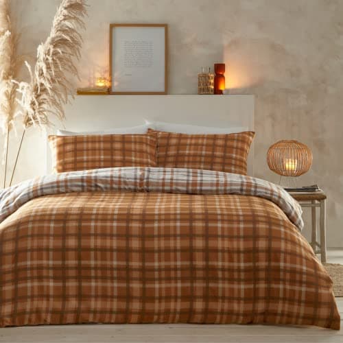 Image of Portfolio Tartan Reversable Luxury Brushed Cotton Bedding 100% Cotton Flannelette Duvet Set With Pillowcases Checkered bedding Super Soft Easy Care Easy Iron Machine Washable (Orange, King) (MTARD)