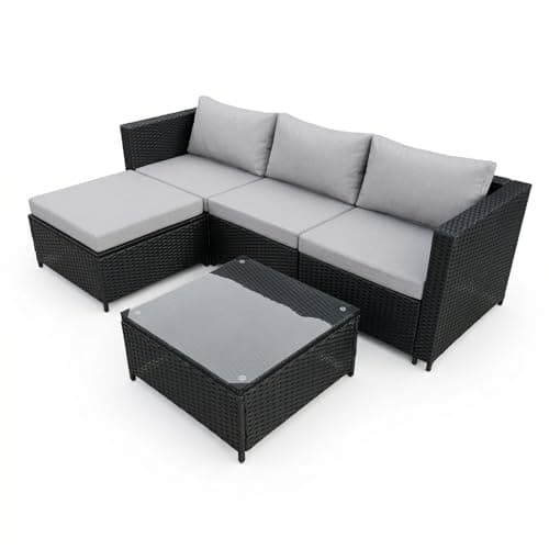 Image of COZYBRITE Garden Corner Sofa Rattan Furniture Set 4 Seater Patio Outdoor Lounge Settee with Glass Coffee Table All-weather SFS066 (Black Rattan+Grey Cushion)