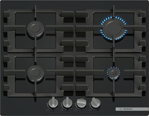 Image of Bosch, Series 4, PNP6B6K40, 60cm Gas Hob with 4 burners, Front control, 4 Dishwasher suitable cast iron pan supports, new standard sword dials, Tempered Glass